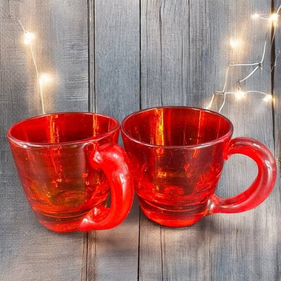 Antique Hand Blown Glass Cup Mug Set 2 Red Thick Heavy Glass Mugs Cups Vintage - Picture 1 of 16